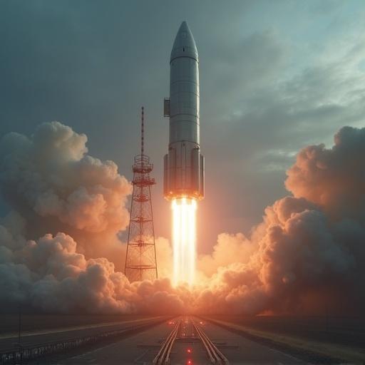 Movie-level sci-fi scenes with ultra-high-definition launch of Ark spacecraft from Earth. Blue-white flames from thrusters. High temperature distorting air around launch. Metal shell reflects warning lights. Illuminated launch site with smog torn apart. Special effects show rocket momentum. 8K details with cyberpunk lighting. Low-angle view highlights spacecraft scale.