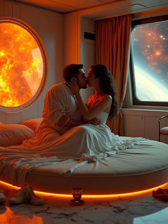 Close up portrait in a private stateroom aboard a starcruiser. Marble floor with glowing light veins. Holographic fireplace projecting flickering orange light. Two young lovers wrapped together under a translucent silver sheet on a round velvet bed. One reaching to activate holographic interface mid-kiss. Wall-wide window showing a glowing nebula. Scattered high-tech clothes on the floor. Wine glass tipped over. Rich warm tones and soft lighting create an intimate and luxurious mood with sci-fi high society.
