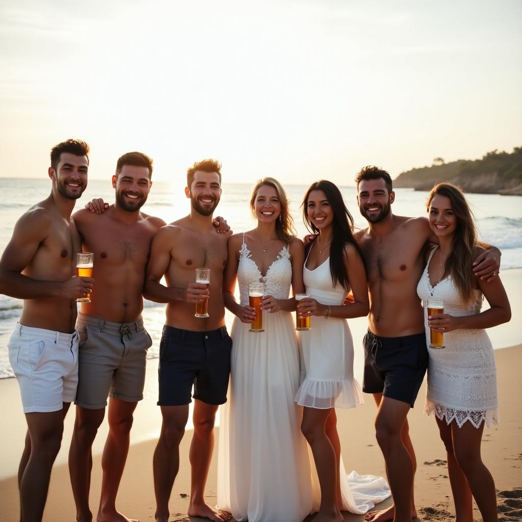 Group of friends posing for a photo on the beach. Six guys and two girls. One couple in wedding attire. Everyone holding beers and smiling.