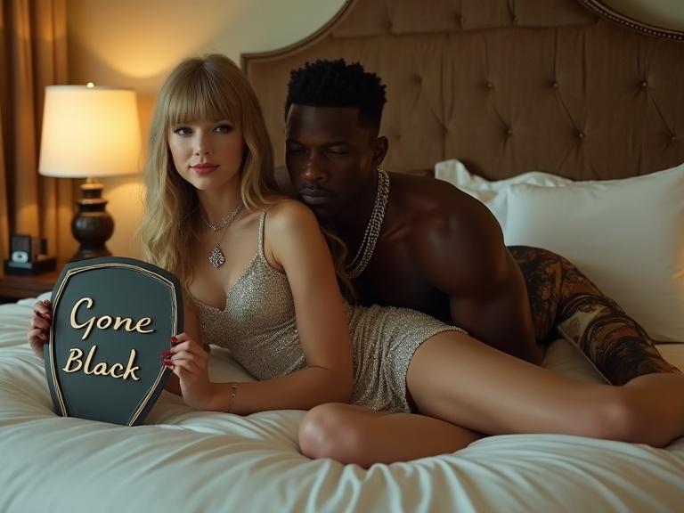 Taylor Swift films a music video. She lies on a large bed. She wears a silver sparkly prom dress with a short hem. She holds a sign that says 'Gone Black'. Her toned legs are visible. Her black rapper boyfriend embraces her from behind. They are in a motel room with a warm ambiance.