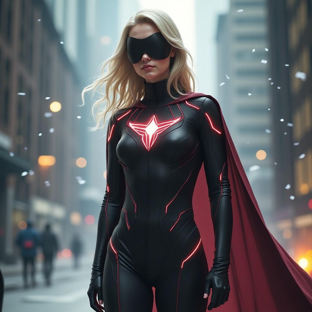 Female character in a futuristic supersuit with telekinesis abilities. Urban backdrop with soft lighting and modern architecture.