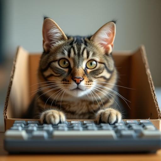 Close-up shot of a cat sitting behind a cardboard box acting as a desk with an old keyboard. Cat stares straight ahead with a serious expression, as if looking at a computer screen. Soft morning-like lighting creates a workday atmosphere. Floating text reads 'Monday. 9:00 AM.'