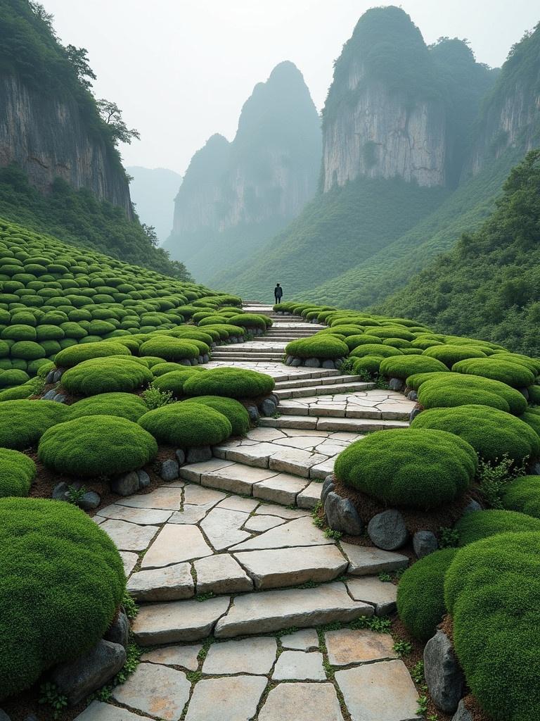 Create a landscape featuring hyper realistic tea fields inspired by Jingmai Mountain in Pu'er, China. Incorporate elements reminiscent of M.C. Escher's style with impossible geometries. Include detailed textured stone stairs leading through lush greenery and mountains. Integrate seamless transitions between foreground and background.