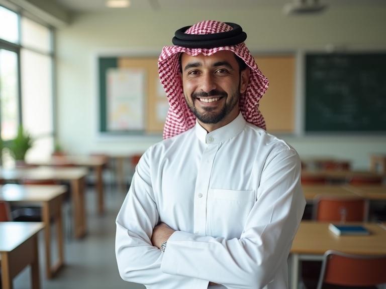 Omani male teacher stands in modern classroom. Teacher wears traditional white dishdasha with patterned turban. Classroom has elegant furnishings. Teacher smiles confidently. Room is bright with natural window light. Photo captures hyper-realistic details.