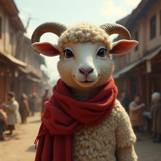 Wool character in a colorful town environment. It has a red scarf. Background shows lively townspeople. The style is cinematic and realistic. High detail and resolution.