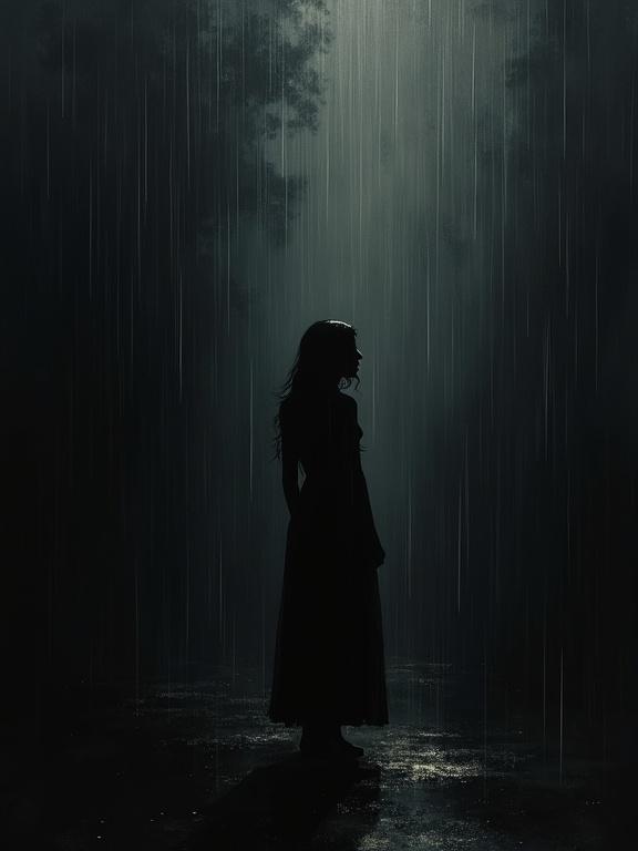A digital oil painting features a silhouette of a woman standing in the rain. The artwork uses harsh brush strokes and strong negative space. The background is black with rough edges and an incomplete illustration style, creating a surreal and abstract mood.