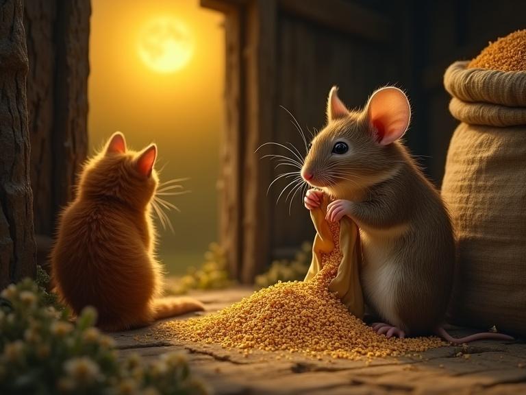 A summer night in a village barn with an open sack of grain. A mouse pours grain into a bag. A fluffy cat watches from the barn door as moonlight illuminates the scene.
