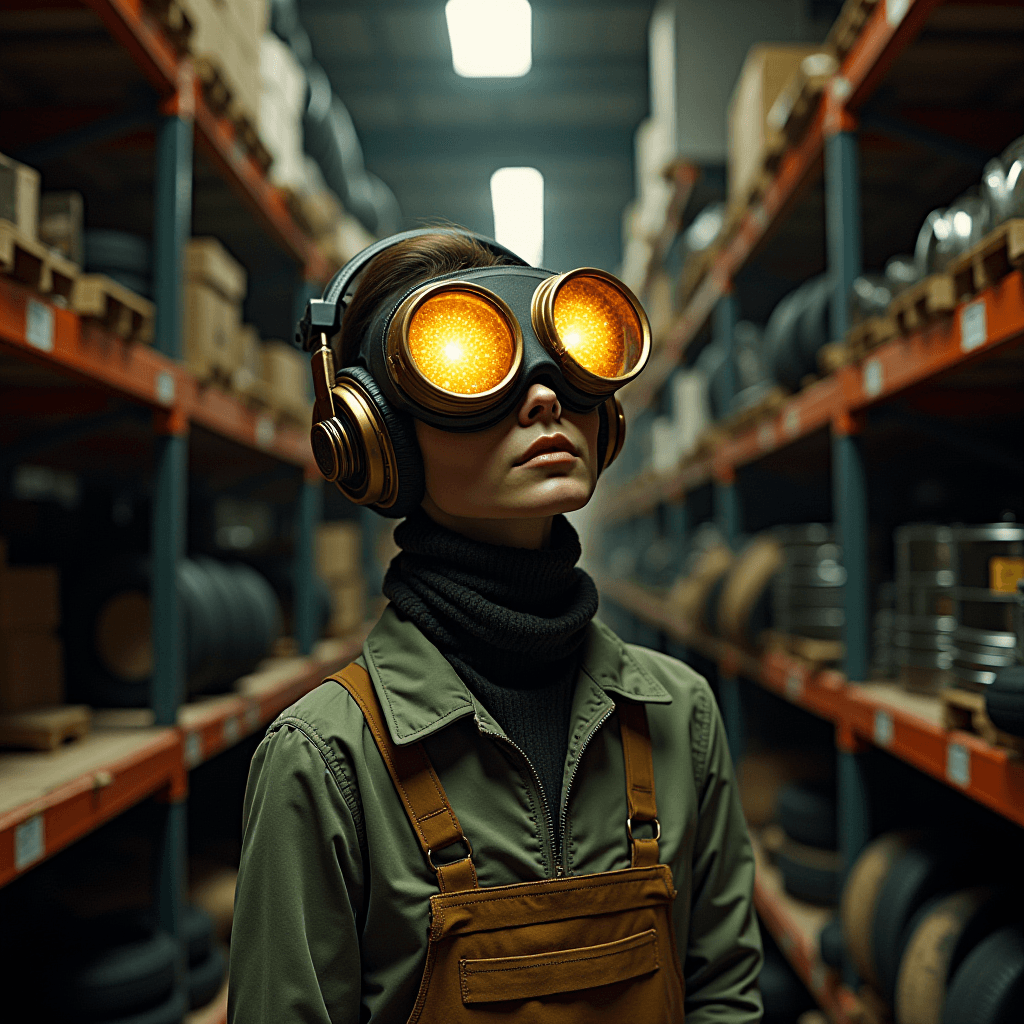 A person wearing large glowing goggles and headphones stands in a warehouse aisle, surrounded by shelving with boxes and industrial items.