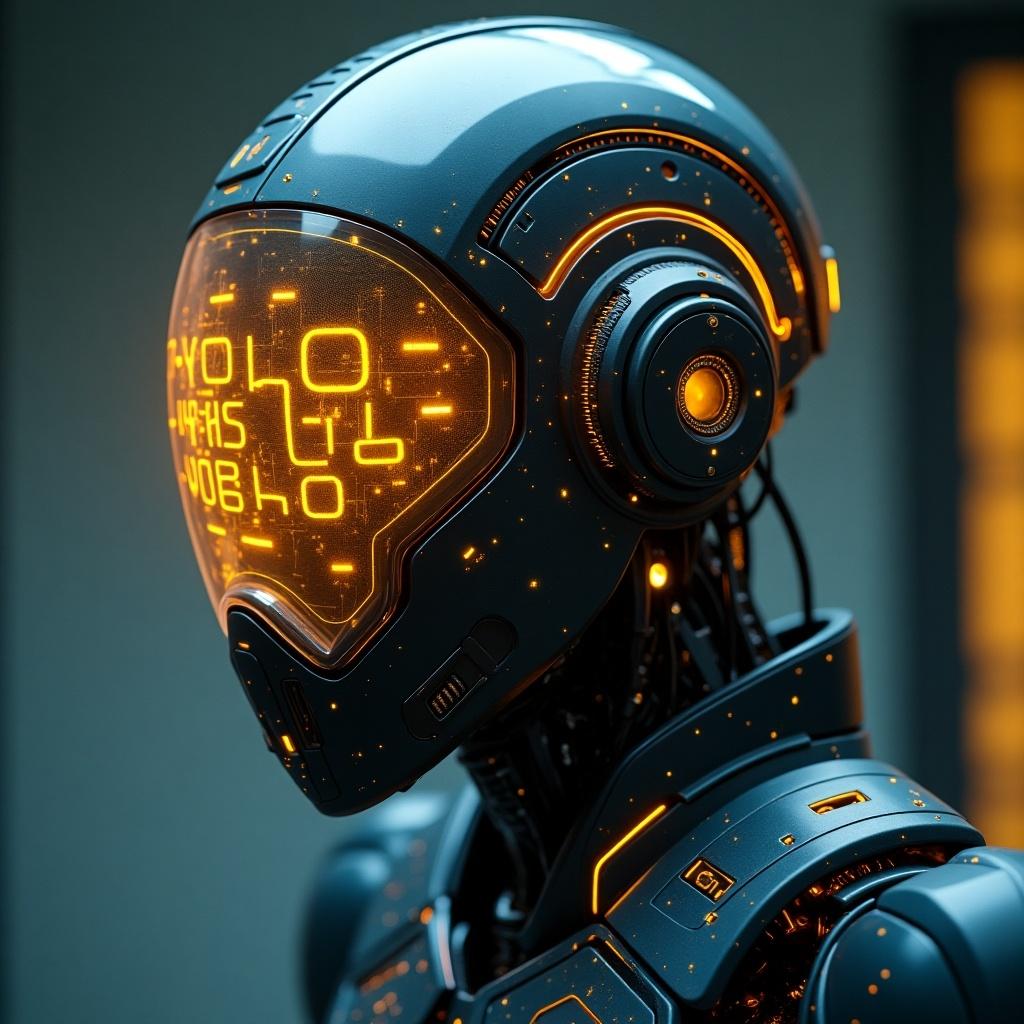 Detailed depiction of a futuristic cyborg with a helmet designed with holographic interfaces. Holographic letters glowing in gold tones are visible on the helmet.