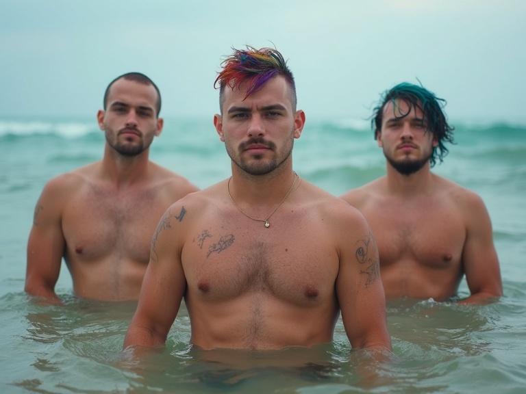 Group of three young chubby men standing in shallow ocean water. They have colorful hair styles and are shirtless. The ocean waves surround them while a cloudy sky is visible above.