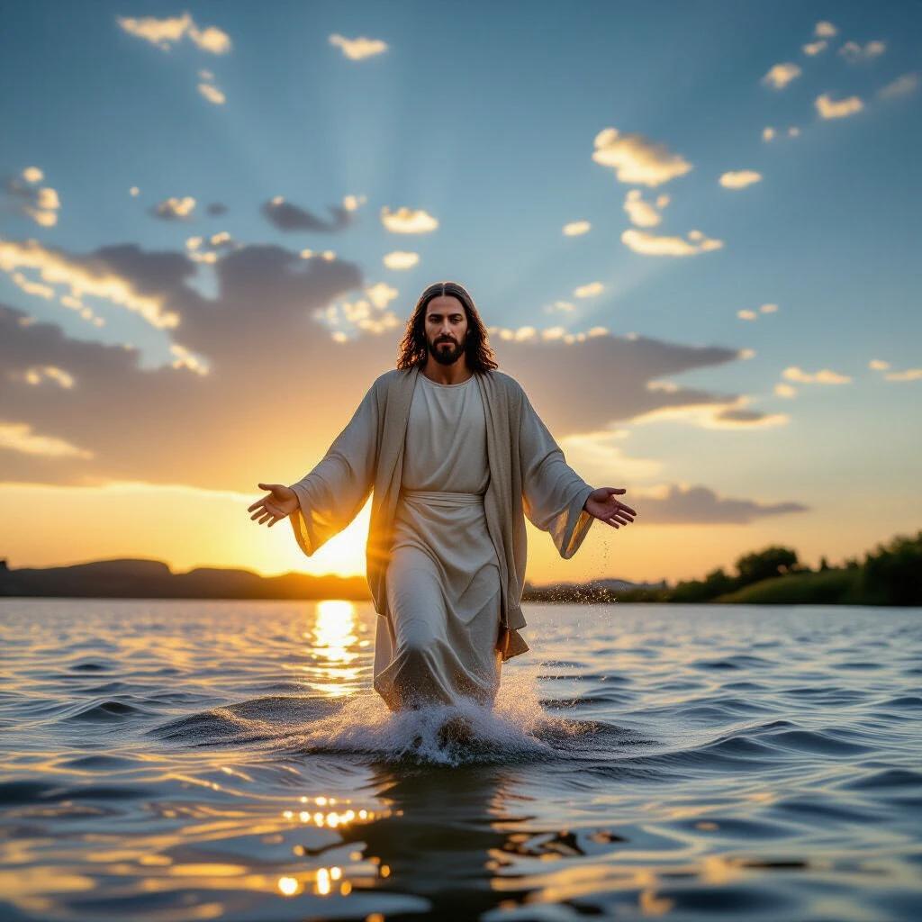 Jesus walks on water at sunset. The scene depicts a calm body of water reflecting the colors of the sunset with a dramatic sky. His arms are outstretched in a welcoming gesture. Water splashes around His feet as He walks with confidence.