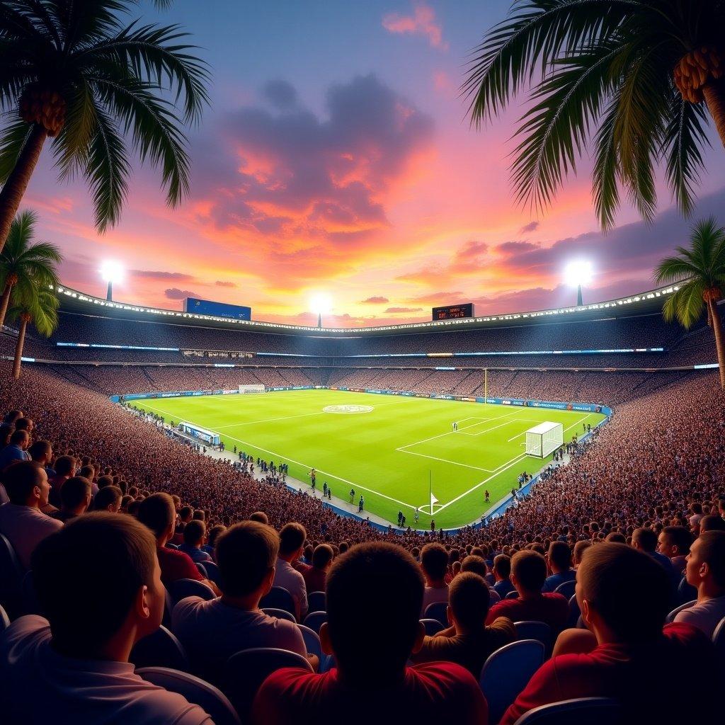 Vibrant tropical football stadium at sunset. Filled with enthusiastic fans. Field lit by glowing floodlights. Colorful sky in orange, pink, and purple. Surrounded by lush palm trees. Audience eagerly watching the game. Exudes energy and excitement. Memorable match day.