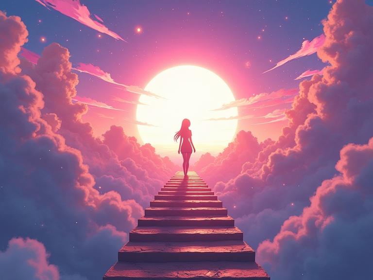 A surreal dreamlike anime scene depicts a young woman at the edge of floating stairs. She is illuminated by a glowing light at the horizon. The sky features vivid clouds with neon pink, violet, and gold. The setting has warped metallic structures and a cinematic atmosphere. A dynamic perspective showcases gravity-defying architecture and concepts of transformation.