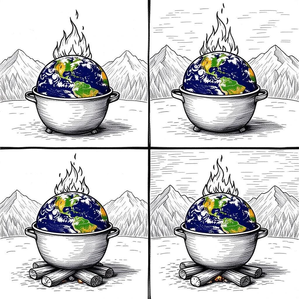 Four black and white pencil drawings of planet Earth in a pot on a campfire. Each panel shows a different perspective of the situation. Earth appears to be cooking. Background consists of mountains. The theme symbolizes environmental issues. The illustrations express a satirical look at climate change.