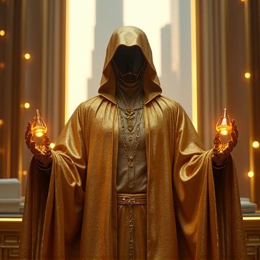Futuristic robotic judge in golden robes holds glowing scales. Stands inside luxurious Dubai skyscraper courtroom. Features cyberpunk aesthetic and ultra-detailed appearance. Illuminated by soft golden light. High realism and 4K resolution.