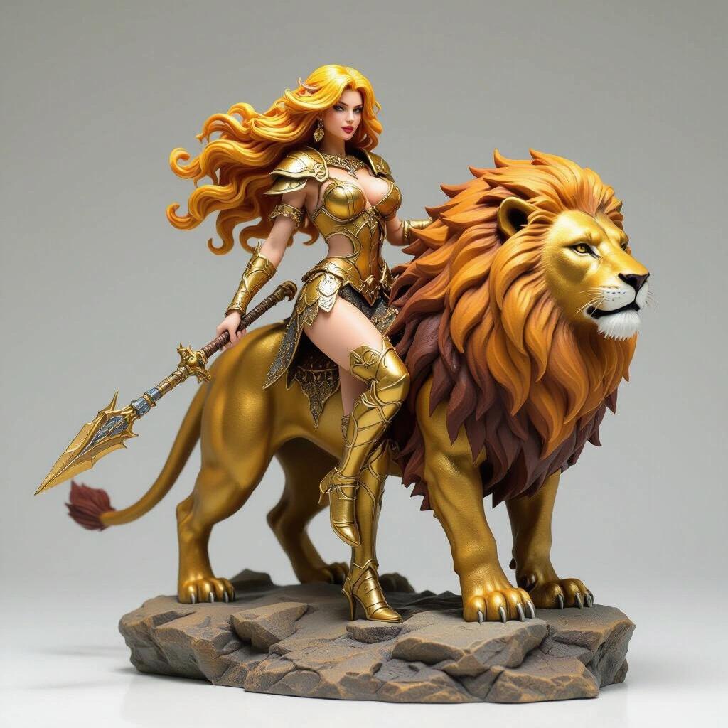 Ultra-detailed stylized resin figure of a female inspired by Leo. Goddess with long, wavy golden hair. Wears golden armor with claw details. Rides a large lion on a rocky base.