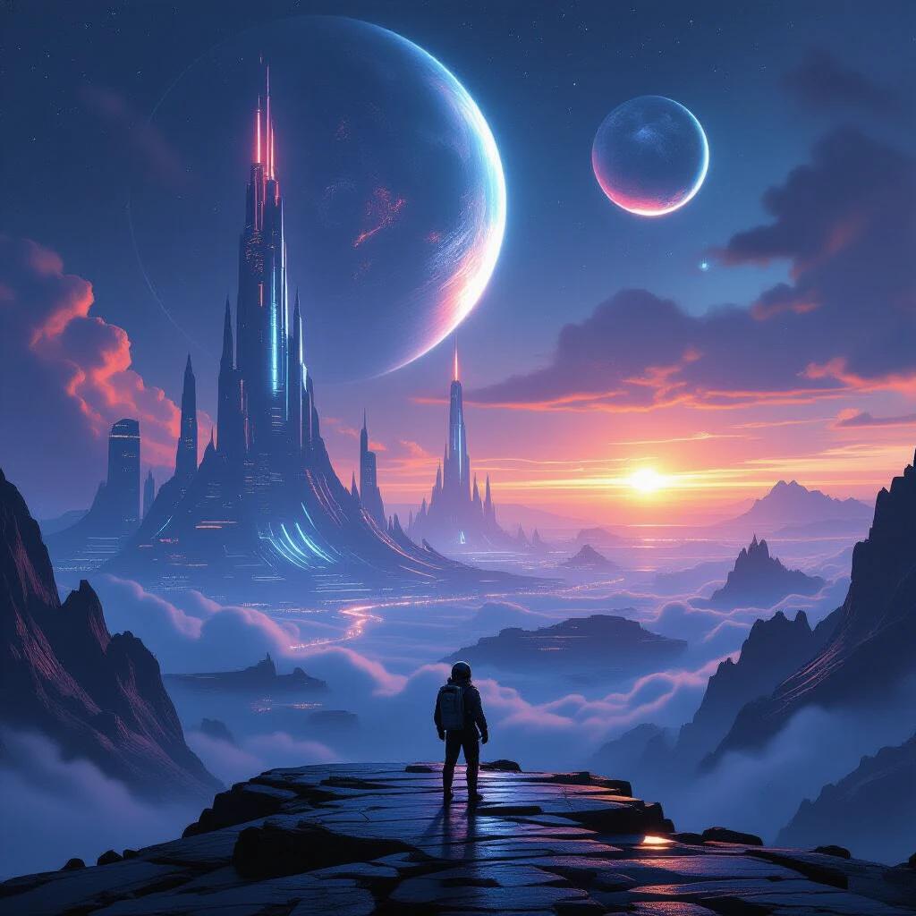 An epic sci-fi landscape features colossal futuristic architecture and glowing alien megastructures. A lone astronaut stands on a metallic ridge gazing at twin planets. The horizon is vivid with shimmering lights and atmospheric fog. The lighting is dramatic with high contrast. The environment is richly detailed in a concept art style.