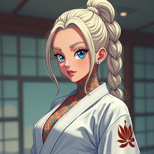 Anime depiction of a 59-year-old woman with oversized light blonde braided ponytail. She has unique colorful traditional Japanese tattoos and is wearing a futuristic edgy judo training gi. She appears focused with a muscular physique and notable piercings. The setting is a modern luxurious martial arts dojo in Miami during noon hours without any facial obstruction.