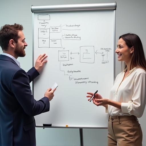 Manager explains on whiteboard with diagrams. Employee observes attentively, taking notes. Scene appears professional, clean, and engaging. Soft colors and expressed emotions enhance clarity.