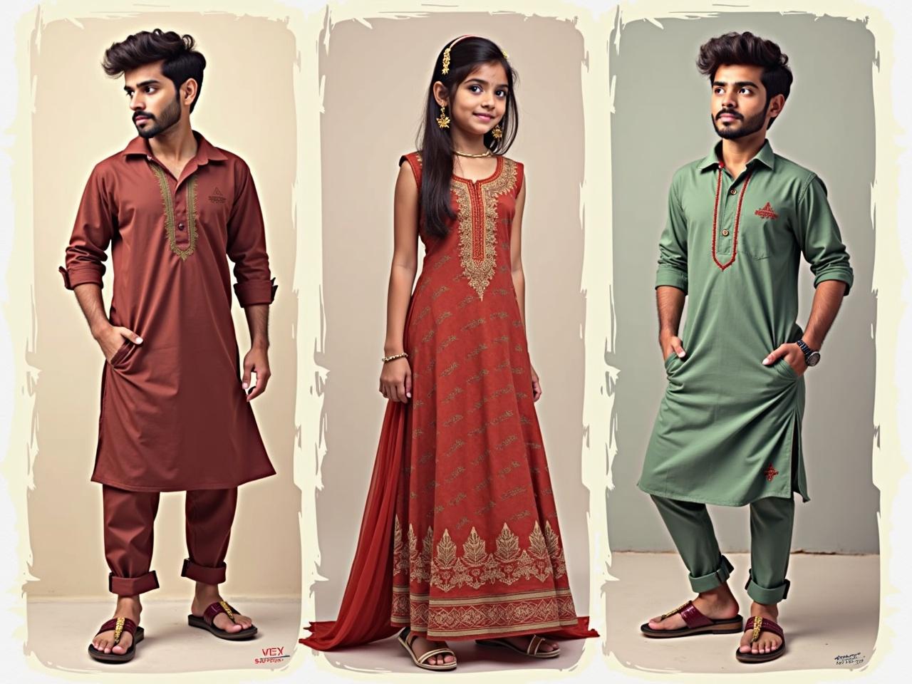 The image features three models showcasing a variety of outfits suitable for an apparel website. On the left, a male model is wearing a stylish brown kurta-pajama set. In the center, a young girl is dressed in a beautiful red ethnic dress, adorned with golden embroidery. On the right, another male model sports a trendy green kurta with a modern twist. The setting is minimalistic, allowing the vibrant clothing to stand out. This composition highlights fashion diversity for men, women, and children.