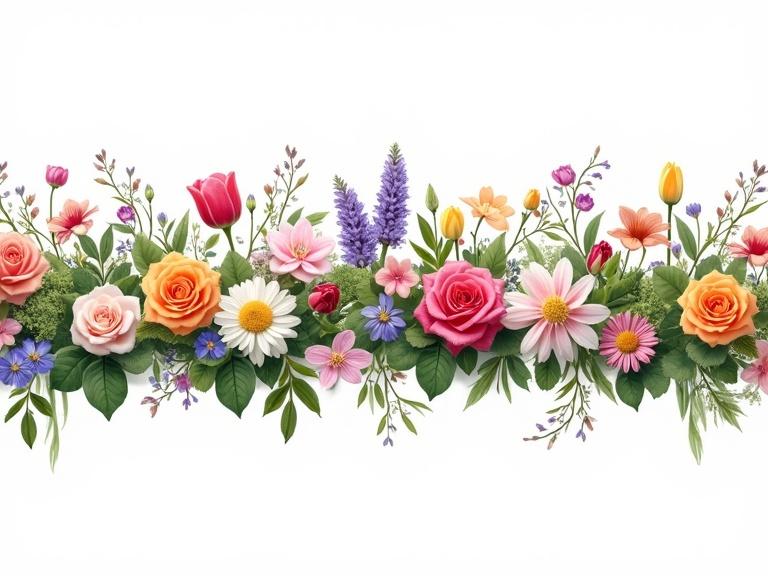 Long horizontal line of assorted colorful flowers including roses, tulips, daisies, orchids, and lavender. Densely arranged with lush green leaves. Forming a decorative floral border. Transparent background PNG format.
