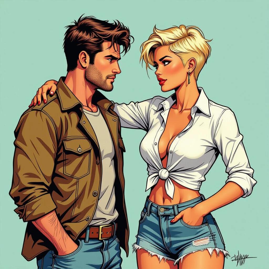 Comic-style illustration with two characters. Jodie Steel has a confident pose. She wears a knotted white shirt and ripped denim shorts. Her hair is styled in a punk crew cut. She stands face-to-face with Corto Maltese. There is an off-road motorcycle in the background.
