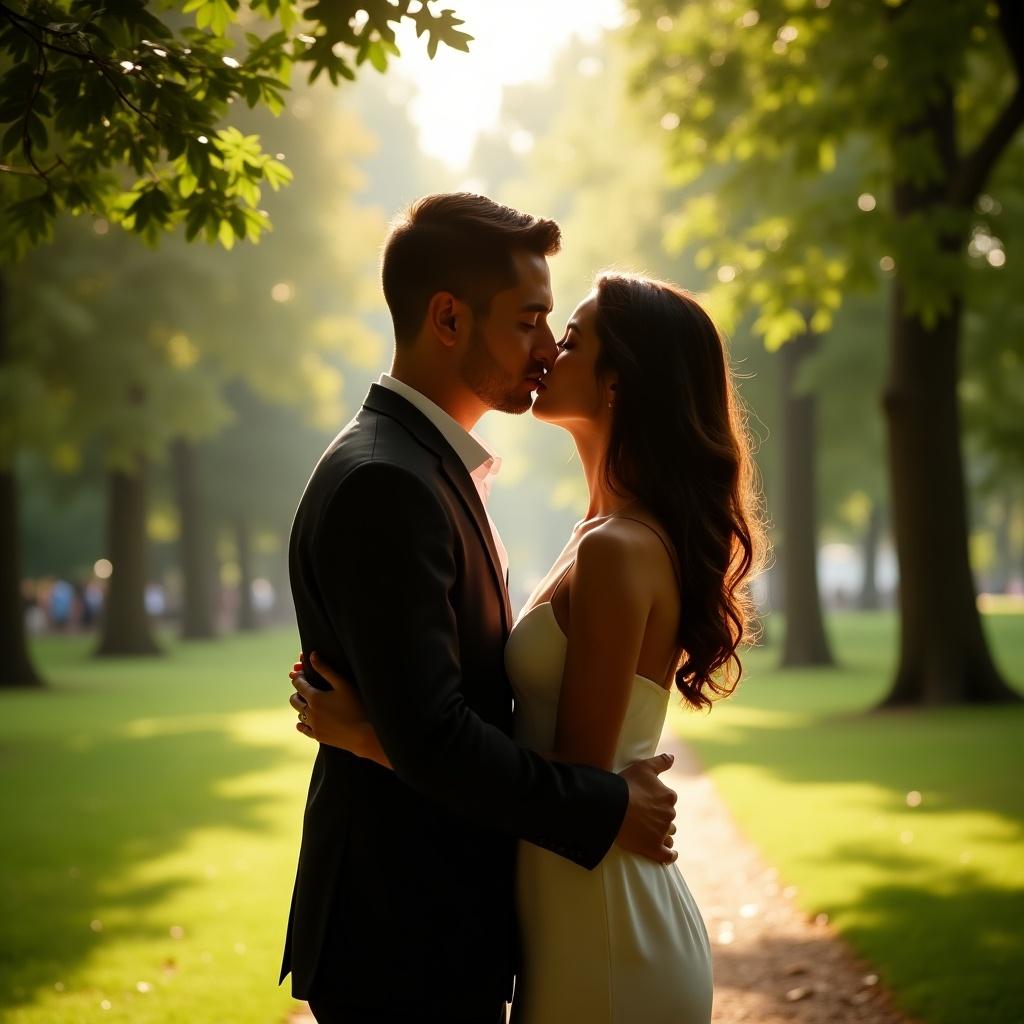 A couple shares a romantic kiss in a lush green park under soft daylight. The scene captures the intimacy and warmth of the moment.