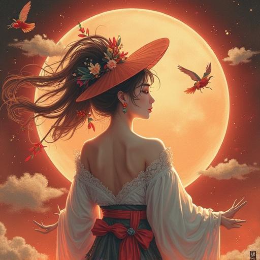 A girl with long hair and a wide-brimmed hat stands in profile. A large, glowing moon is in the background. The girl has a serene expression. She wears traditional attire with floral embellishments. The scene is filled with warm colors and a fantasy atmosphere.