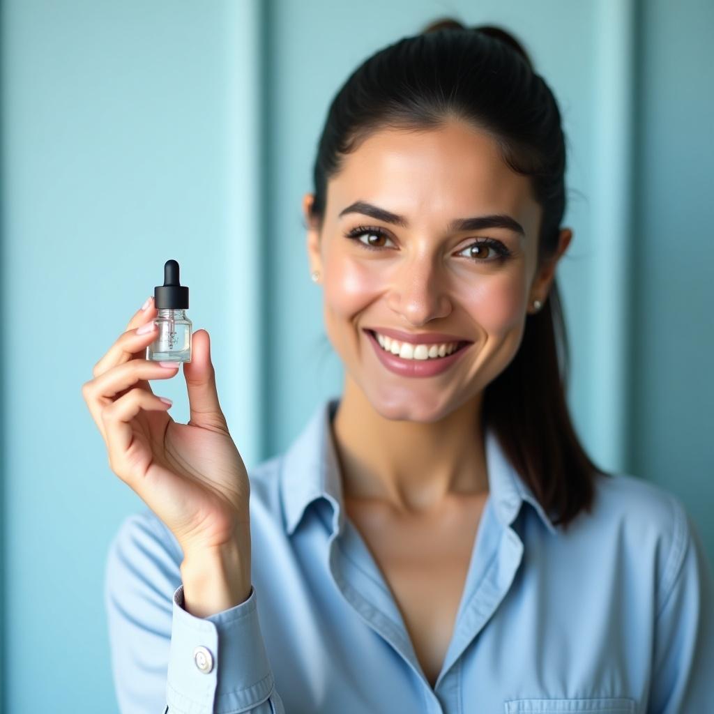 Medium close-up shot of a woman holding a glass serum bottle with a dropper. The woman looks confidently at the camera, smiling. Right hand holds the bottle. Body angled slightly in a three-quarter view. Background soft blue with subtle patterns. Outfit light blue. Hair in sleek ponytail. Bright diffused lighting.