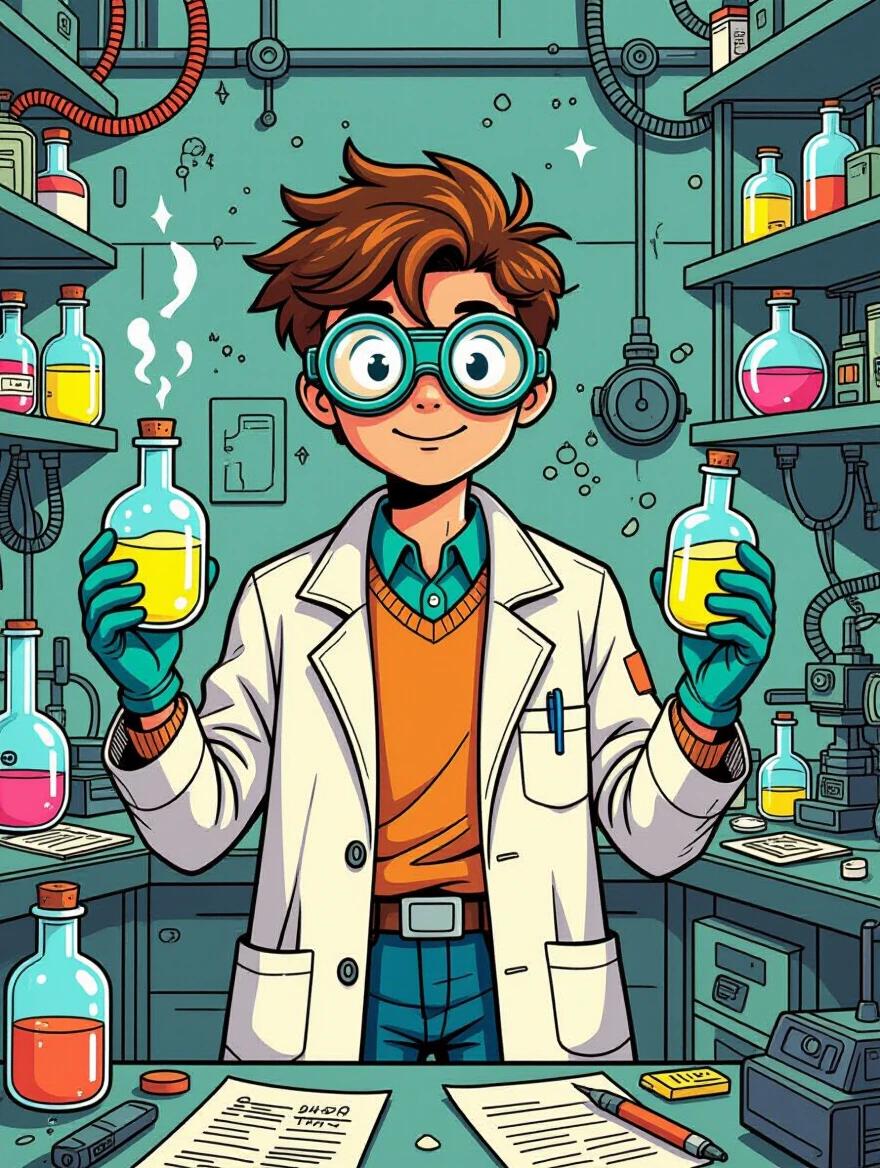 Character illustration of a young scientist in a vintage lab coat. Scientist wears oversized goggles and holds glowing vials. Lab is cluttered with analog technology. Color palette reflects 1980s style with flat shading and comic book inking.