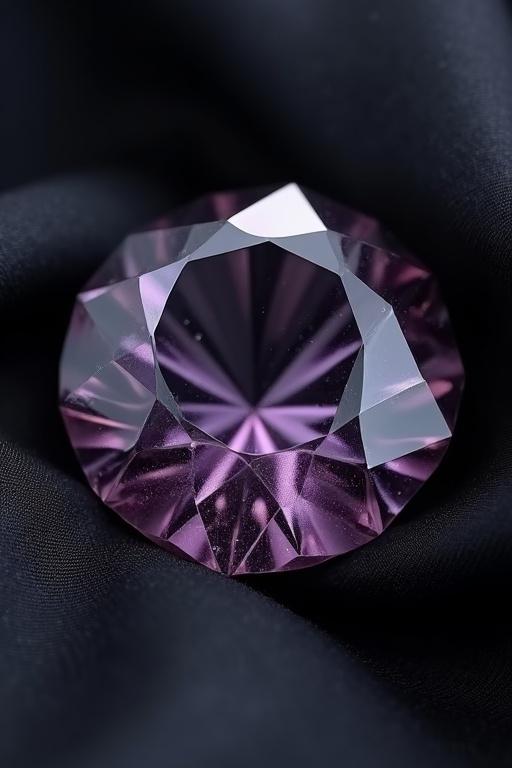 Hyper-realistic macro shot of a rare Musgravite gemstone with deep violet-grey color and metallic undertones on black silk cloth; gemstone showcases flawless facets and subtle color shifts with luxury lighting in high-definition