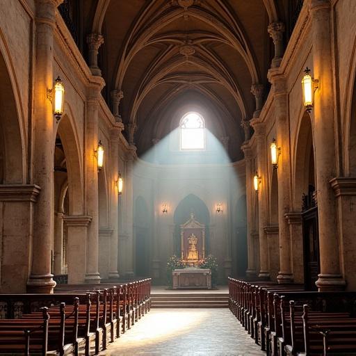 Interior of a cathedral in Chiclayo with a bright altar and soft lighting. The ambiance is sacred and inviting. The architecture is detailed and has a historical feel. Rows of wooden benches are placed facing the altar.