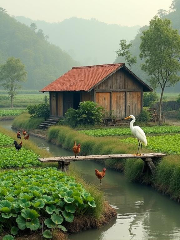 A serene rural landscape featuring a traditional wooden stilt house with a rusty-red metal roof nestled in lush greenery. Chickens roam freely around the yard. A graceful white egret stands on a simple wooden bridge over a calm reflective canal. Rows of vibrant green cabbages line the fertile fields. The soft diffused light suggests early morning or late afternoon, casting a peaceful glow over the scene. The composition is balanced with earthy tones of brown, green, and muted tan.