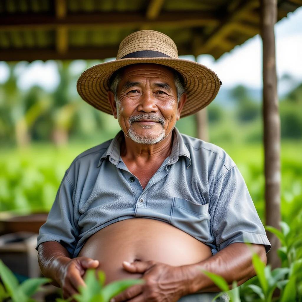A seasoned Filipino farmer with a big belly and sun-darkened skin displays quiet authority. He is seated amid a lush green backdrop, reflecting years of experience in farming. Clothing is simple and practical. Natural light enhances the scene, emphasizing the farmer's role in the community.