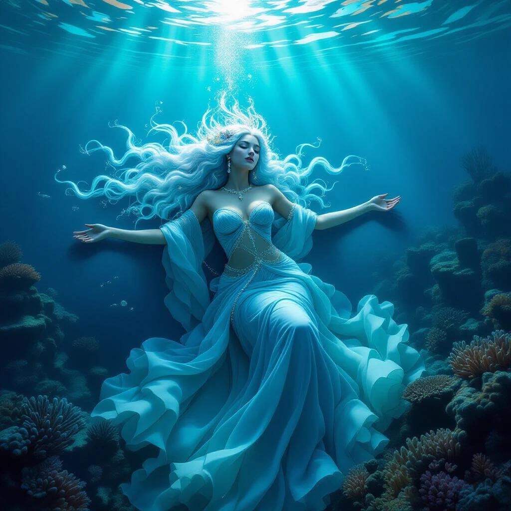 Thalassa represents the sea itself. She sleeps peacefully at the ocean floor. She floats gracefully above coral ruins. Arms are outstretched in a serene pose. Hair resembles flowing water. Thick wavy strands mixed with kelp and pearls glow. Dress mimics ocean currents with blue and emerald hues. Embroidery includes coral motifs and gold patterns. Underwater world glows softly. Scene has underwater lighting with particles and jellyfish.