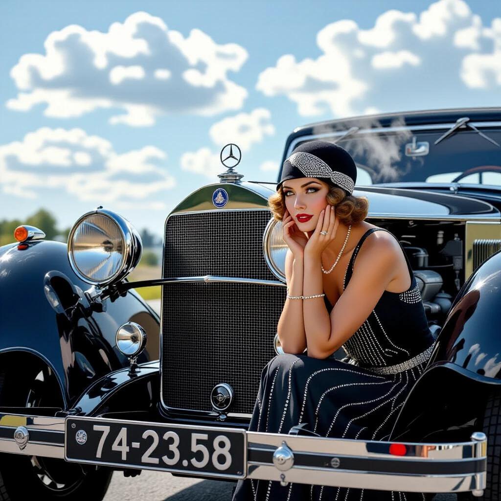 Photorealistic image showcasing a comedic scene with a woman beside a 1928 Mercedes-Benz engine. She kneels next to the fender with her palms pressed to her cheeks while looking down at the carburetor. Steam billows from the radiator. The photograph captures an extreme low angle perspective from the engine bay. The setting is during golden hour with an out-of-focus mountain pass in the background.