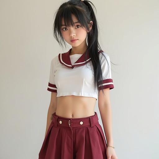 A portrayal of a school girl in a cropped uniform top and stylish bottoms. The girl has a high ponytail and a slim figure with an emphasis on her midriff. She has brown eyes and is engaging directly with the viewer.
