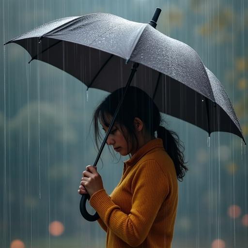 A tired person is standing under a non-functional umbrella in the rain. The person appears to be disappointed.