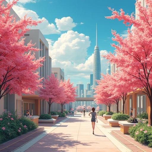 Anime setting depicting cherry blossom trees in a luxurious party district During summer A futuristic city skyline in the background Morning time with bright blue skies
