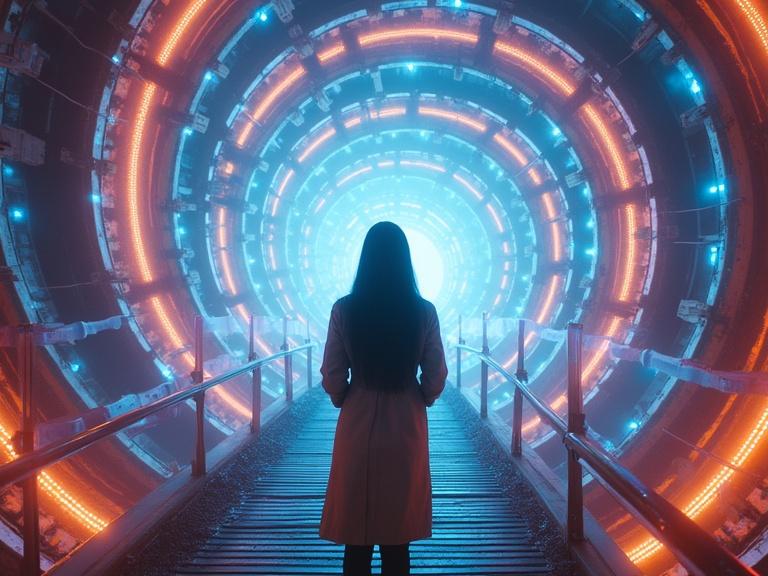 A young woman with long black hair wears a trench coat. She stands on a suspended walkway inside a vast spiraling structure. Glowing rings of energy twist into a bright portal. The scene evokes digital synesthesia with light and motion. The architecture resembles a cosmic memory circuit. The figure's silhouette contrasts with the radiant backdrop.