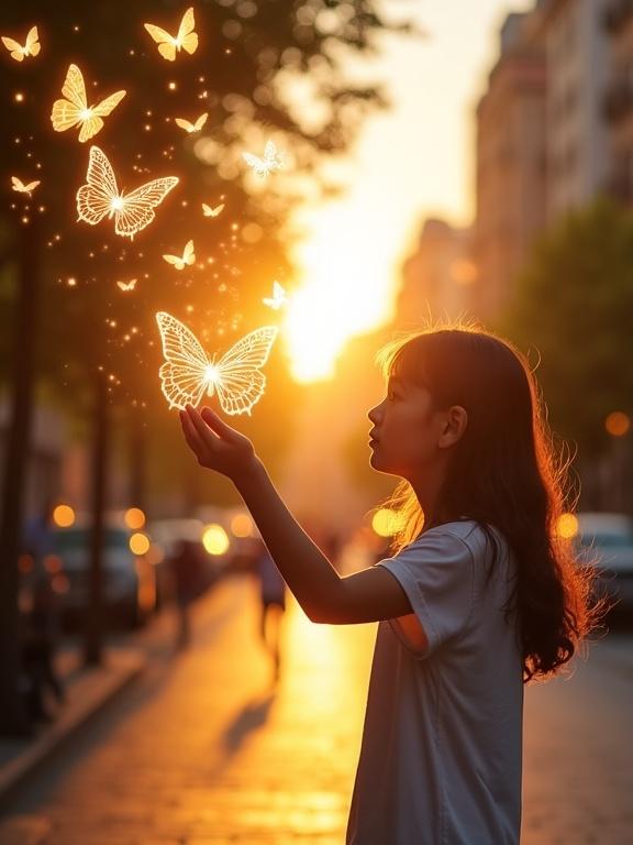 Hyperrealistic photograph of a young person on a city street during golden hour. The subject is reaching out to luminous butterflies made of light. Atmosphere is magical with warm sunset lighting and bokeh background of urban life.