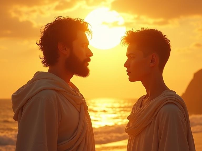 Helios the Sun God gazes at his son on the beach during sunset. Both wear tunics. Helios has a beard and curly hair. His son has curly brown hair. Their expressions convey a serious conversation.
