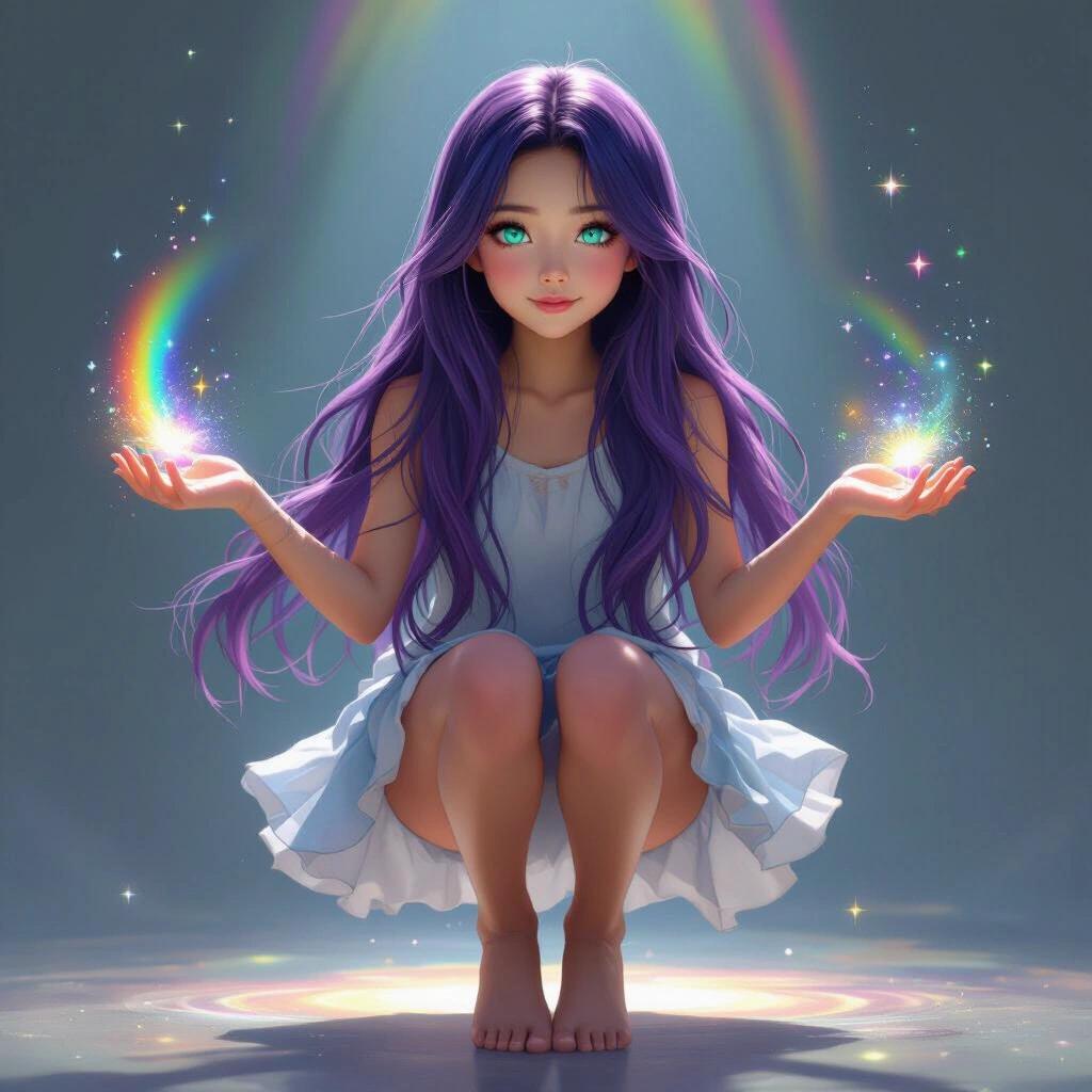 Young girl with long dyed purple hair and turquoise eyes sitting gracefully midair. She levitates with her feet and body off the ground. Hands are outstretched and shining with rainbow light.