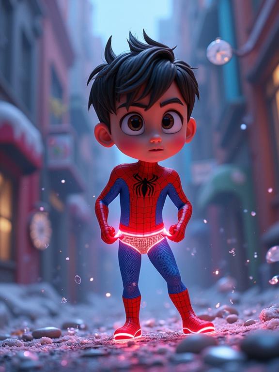 A 3D cartoon character pulls on luminous quantum underwear. Background shatters like glass, revealing multiple bizarre versions. Time distortion with warped physics and floating clocks. Pixar-style with vibrant colors and absurd visuals.