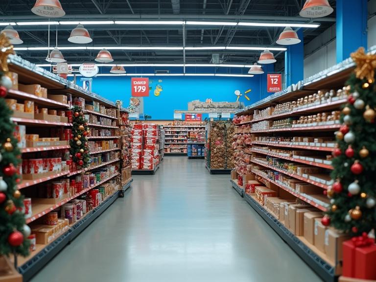 Walmart shop in America during holiday season. Christmas decorations visible. Shelves appear almost empty. Brightly lit aisle with products arranged neatly.