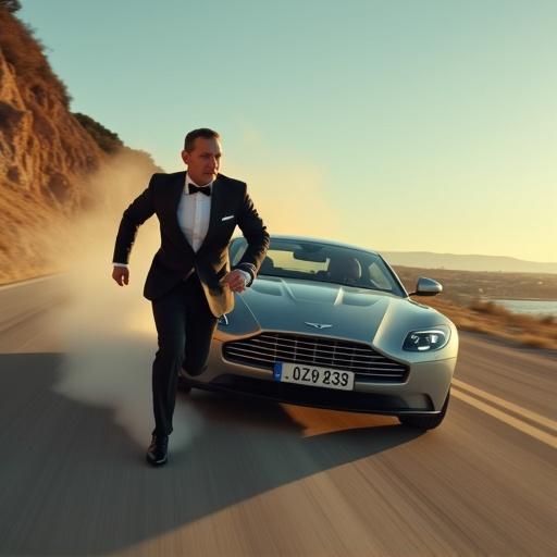 A man in a suit is running away from a silver Aston Martin car. The scene captures a moment of action on a winding road. Dust is kicked up from the tires as the car speeds away. The background features hills and a clear blue sky.