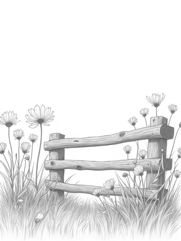 Digital painting in a linear art style featuring a wooden fence surrounded by flowers and foliage in a field