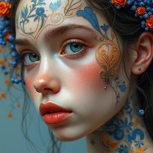 Photorealistic portrait of a girl with intricate body art. Fluid gouache painting style influences. Detailed artistry combined with professional photography. Natural lighting enhances features. Elegant and complex concept art cover.