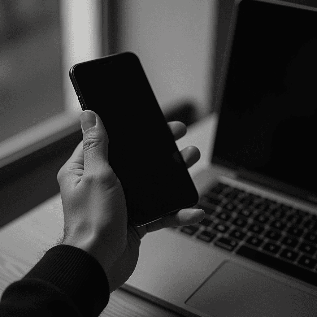 A person holding a smartphone in front of a laptop in a grayscale setting.