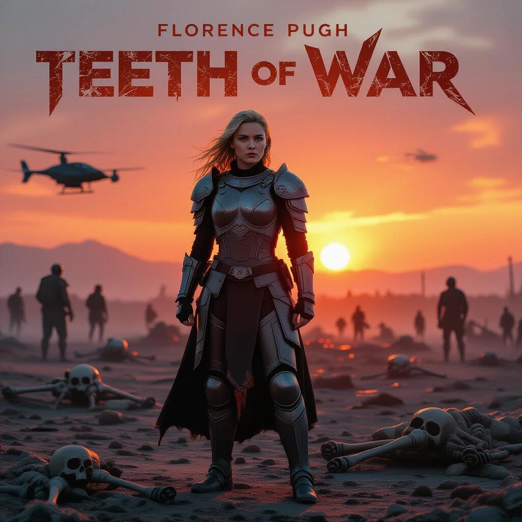 Futuristic armor worn by Florence Pugh at a battlefield covered with drones and bones. Warm red sunrise illuminating the scene. Title styled in rough iron font. High-resolution cinematic art style with orange-gray textures.